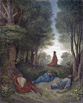 Jesus prays in the garden of Gethsemane as the Apostles sleep (Matthew 26: 39). Wood engraving after Gustave DorÃ