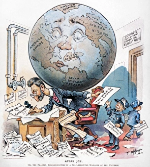 JOSEPH PULITZER CARTOON Atlas Joe : American cartoon, 1896, by Frederick Opper, showing Joseph Pulitzer (1847-1911) busily trying to influence world affairs through his newspapers and through memorandums to authorities and world leaders