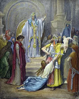 JUDGEMENT OF SOLOMON. (1 Kings 3: 24-27). Wood engraving, 19th century, after Gustave Dor JUDGEMENT OF SOLOMON. (1 Kings 3: 24-27). Wood engraving, 19th century, after Gustave Dor