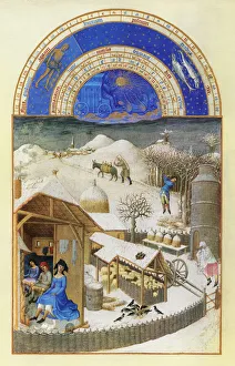 Keeping warm by a farm fireside in February. Illumination from the 15th century manuscript of the Tres Riches Heures Keeping warm by a farm fireside in February. Illumination from the 15th century manuscript of the Tres Riches Heures