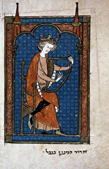 KING DAVID PLAYING HARP. Miniature illumination, France, late 13th century KING DAVID PLAYING HARP. Miniature illumination, France, late 13th century