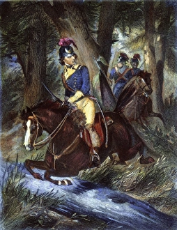 leading his militia troops through a South Carolina forest: colored engraving leading his militia troops through a South Carolina forest: colored engraving