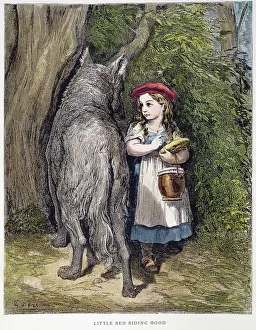 Little Red Riding Hood encounters the wolf in the woods on the way to visit her Little Red Riding Hood encounters the wolf in the woods on the way to visit her