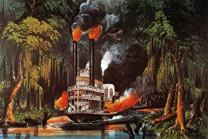 LOUISIANA: STEAMBOAT, 1865. Through the Bayou by Torchlight. Lithograph, c1865 LOUISIANA: STEAMBOAT, 1865. Through the Bayou by Torchlight. Lithograph, c1865
