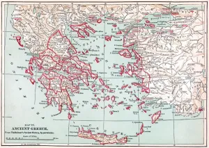 Ancient Greece Map Prints: MAP: ANCIENT GREECE. Map of Ancient Greece. Line engraving, late 19th century