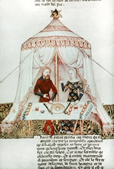MEDIEVAL PICNIC. A lord and a lady at a picnic. French manuscript illumination MEDIEVAL PICNIC. A lord and a lady at a picnic. French manuscript illumination