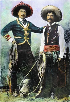 MEXICAN COWBOYS in one of Buffalo Bills Wild West Shows: oil over a photograph, c. 1900 MEXICAN COWBOYS in one of Buffalo Bills Wild West Shows: oil over a photograph, c. 1900