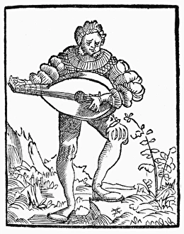 MINSTREL, c1520. A minstrel performing a song on the lute. Woodcut, German, c1520 MINSTREL, c1520. A minstrel performing a song on the lute. Woodcut, German, c1520