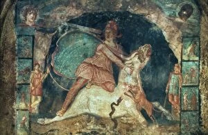 Ancient Collection: MITHRAS KILLING THE BULL. Roman fresco, 2nd century A. D