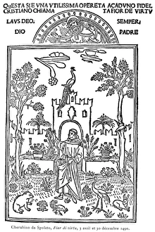MONK GATHERING FLOWERS. Woodcut from Fior di Virtu, Venice, Italy, 1493 MONK GATHERING FLOWERS. Woodcut from Fior di Virtu, Venice, Italy, 1493