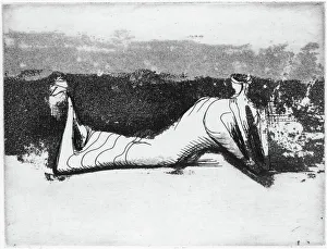 MOORE: RECLINING FIGURE. Draped Reclining Figure. Aquatint and engraving by Henry Moore MOORE: RECLINING FIGURE. Draped Reclining Figure. Aquatint and engraving by Henry Moore
