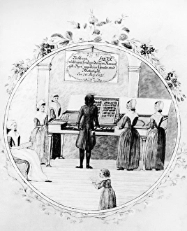 MORAVIAN, 1795. A group of Pennsylvania Moravians gathered to sing hymns MORAVIAN, 1795. A group of Pennsylvania Moravians gathered to sing hymns
