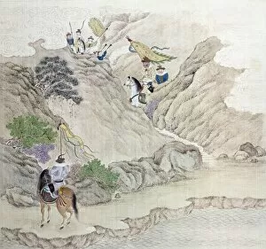 ChineseArt Collection: Mounted warriors riding through a mountain pass in China. Watercolor on silk, c1820