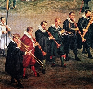 MUSICIANS, c1600. A Spanish wind ensemble. Detail of a painting, c1600 MUSICIANS, c1600. A Spanish wind ensemble. Detail of a painting, c1600