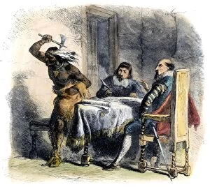 OPECHANCANOUGH (c1546-c1646). Native American chief. Opechancanough making a violent gesture during negotiations with Sir Francis Wyatt, colonial Governor of Virginia, c1620. Color engraving, 1877