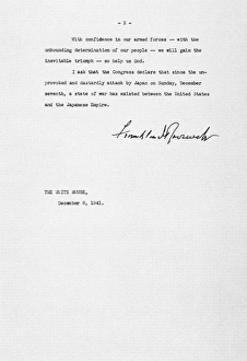 Page three of President Franklin Roosevelts reading copy of his speech to the U.S Page three of President Franklin Roosevelts reading copy of his speech to the U.S