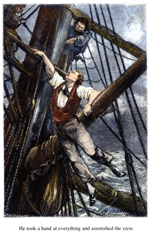 Passepartout in the rigging of the steamer 'Rangoon': wood engraving after a drawing by Leon Benett from an 1873 edition of Jules Verne's 'Around the World in Eighty Days' Passepartout in the rigging of the steamer 'Rangoon': wood engraving after a drawing by Leon Benett from an 1873 edition of Jules Verne's 'Around the World in Eighty Days'