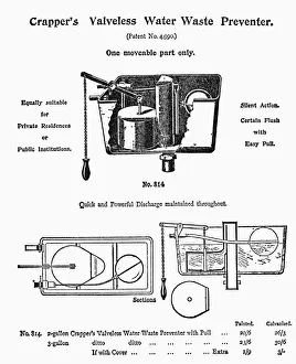 Patent drawing for Thomas Crappers sanitary innovation, the Water Waste Preventer, 1880s Patent drawing for Thomas Crappers sanitary innovation, the Water Waste Preventer, 1880s
