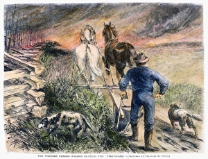 PLOWING, 1868. An American farmer on the western prairie plowing a 'fire guard' PLOWING, 1868. An American farmer on the western prairie plowing a 'fire guard'