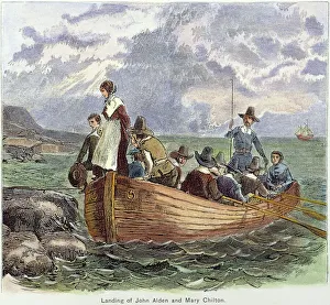 PLYMOUTH ROCK: LANDING. The landing of John Alden, Mary Chilton and other Pilgrims at Plymouth Rock in 1620 PLYMOUTH ROCK: LANDING. The landing of John Alden, Mary Chilton and other Pilgrims at Plymouth Rock in 1620