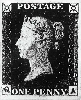 POSTAGE STAMP, 1840. The Penny Black of Great Britain, engraved by Frederick Heath POSTAGE STAMP, 1840. The Penny Black of Great Britain, engraved by Frederick Heath