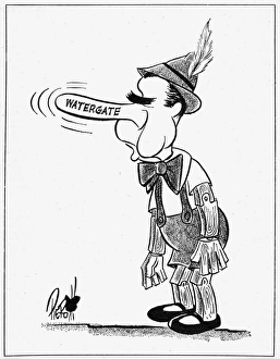 President Richard Nixon caricatured as Pinocchio in a cartoon by John Pierotti for the President Richard Nixon caricatured as Pinocchio in a cartoon by John Pierotti for the
