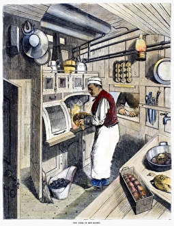 Vintage Transportation History Prints: PULLMAN CAR, 1877. The cook in a Pullman dining car. Wood engraving, American, 1877