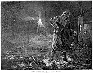 RAILROAD ACCIDENTS, 1873. 'Death on the Rail.' Cartoon comment on the danger of RAILROAD ACCIDENTS, 1873. 'Death on the Rail.' Cartoon comment on the danger of