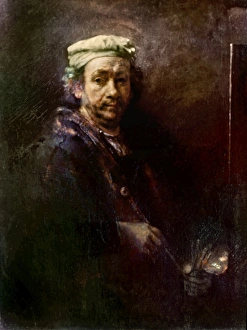 REMBRANDT: SELF-PORTRAIT. Self-portrait at his easel. Oil on canvas by Rembrandt van Rijn REMBRANDT: SELF-PORTRAIT. Self-portrait at his easel. Oil on canvas by Rembrandt van Rijn