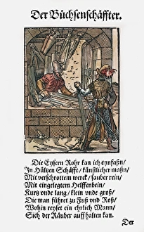 RIFLE BUTT MAKER, 1568. Woodcut, 1568, by Jost Amman RIFLE BUTT MAKER, 1568. Woodcut, 1568, by Jost Amman