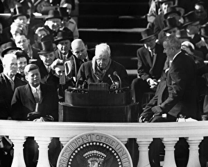 ROBERT LEE FROST (1874-1963). American poet. Reciting a poem at the inauguration of President John F ROBERT LEE FROST (1874-1963). American poet. Reciting a poem at the inauguration of President John F