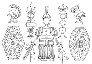 ROMAN ARMOR. Roman armor and standards. Line engraving, 19th century ROMAN ARMOR. Roman armor and standards. Line engraving, 19th century