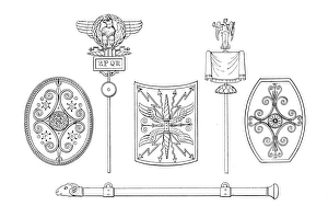 ROMAN STANDARDS. Roman standards, shields and battering ram. Line engraving ROMAN STANDARDS. Roman standards, shields and battering ram. Line engraving