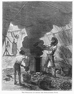 Antique Line Engravings Prints: RUBBER PROCESSING. Drying India-rubber juice. Line engraving, c1880
