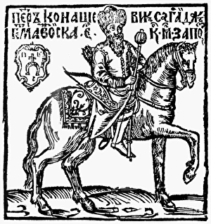 RUSSIA: COSSACK. A Cossack or free warrior. Woodcut, Russian, 17th century RUSSIA: COSSACK. A Cossack or free warrior. Woodcut, Russian, 17th century