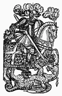 SAINT GEORGE AND DRAGON. Saint George slaying the dragon. Woodcut SAINT GEORGE AND DRAGON. Saint George slaying the dragon. Woodcut