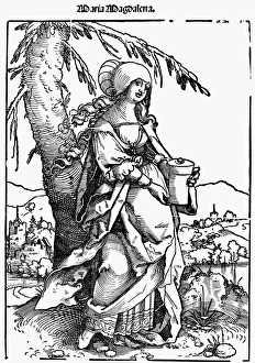 SAINT MARY MAGDALENE. Woodcut, c1520, by Hans Sebald Beham SAINT MARY MAGDALENE. Woodcut, c1520, by Hans Sebald Beham