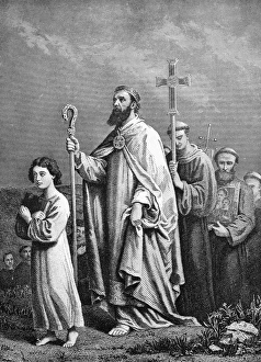 SAINT PATRICK (c389-461). Patron saint of Ireland. Traveling to Tara. Line engraving, 19th century SAINT PATRICK (c389-461). Patron saint of Ireland. Traveling to Tara. Line engraving, 19th century