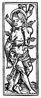 SAINT SEBASTIAN. The martyrdom of Saint Sebastian. Woodcut SAINT SEBASTIAN. The martyrdom of Saint Sebastian. Woodcut