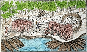SAMUEL DE CHAMPLAIN. Champlain (center), with two French harquebusiers (top) and friendly Algonquins (left) defeat an Iroquois war party at the present site of Ticonderoga on Lake Champlain, 29 July 1609. Color engraving from Champlain's 'Voyages' (1613) SAMUEL DE CHAMPLAIN. Champlain (center), with two French harquebusiers (top) and friendly Algonquins (left) defeat an Iroquois war party at the present site of Ticonderoga on Lake Champlain, 29 July 1609. Color engraving from Champlain's 'Voyages' (1613)