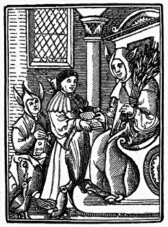SCHOOLMASTER, 1528. The schoolmaster. French woodcut, 1528, after a drawing by Soquand SCHOOLMASTER, 1528. The schoolmaster. French woodcut, 1528, after a drawing by Soquand
