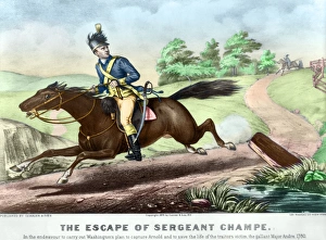 Sergeant Major in the Continental Army. 'The Escape of Sergeant Champe' from an American patrol, in order to fake his desertion and so begin an assignment as a double agent in an attempt to capture Benedict Arnold, October 1780. Lithograph by Currier and Ives, c1876 Sergeant Major in the Continental Army. 'The Escape of Sergeant Champe' from an American patrol, in order to fake his desertion and so begin an assignment as a double agent in an attempt to capture Benedict Arnold, October 1780. Lithograph by Currier and Ives, c1876