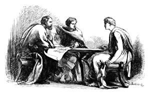Prints of SHAKESPEARE: JULIUS CAESAR. Antony, Octavius and Lepidus plot the deaths of their enemies in Act IV, Scene I of William Shakespeares Julius Casesar : wood engraving, 1881, after Sir John Gilbert John Gilbert Prints: Julius Caesar Print: Antony, Octavius and Lepidus Conspire