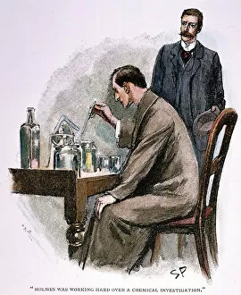 Drawing Collection: SHERLOCK HOLMES. Dr. John Watson observing Sherlock Holmes working hard over a