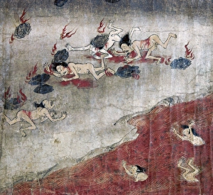 Sinners suffer in one of the hells of Buddhism. Japanese scroll, late 12th century Sinners suffer in one of the hells of Buddhism. Japanese scroll, late 12th century