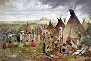 SIOUX ENCAMPMENT. Large Sioux encampment. Oil on canvas by Jules Tavernier, c1874-84 SIOUX ENCAMPMENT. Large Sioux encampment. Oil on canvas by Jules Tavernier, c1874-84
