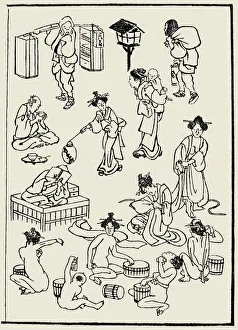 Street scene (top)/Public bath (bottom). Sketch from Katsushika Hokusais Manga, c1836 Street scene (top)/Public bath (bottom). Sketch from Katsushika Hokusais Manga, c1836