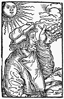 SUNDIAL, 1532. A man using his hand as a sundial. Woodcut, Mainz, 1532, by Jacob Kobel SUNDIAL, 1532. A man using his hand as a sundial. Woodcut, Mainz, 1532, by Jacob Kobel