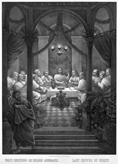 New Testament Art Prints: THE LAST SUPPER. Jesus and his disciples at the Last Supper. Line engraving, c1886