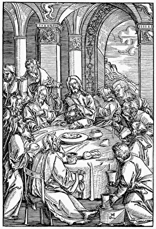 THE LAST SUPPER. Jesus and his disciples at the Last Supper (John 13). Woodcut THE LAST SUPPER. Jesus and his disciples at the Last Supper (John 13). Woodcut
